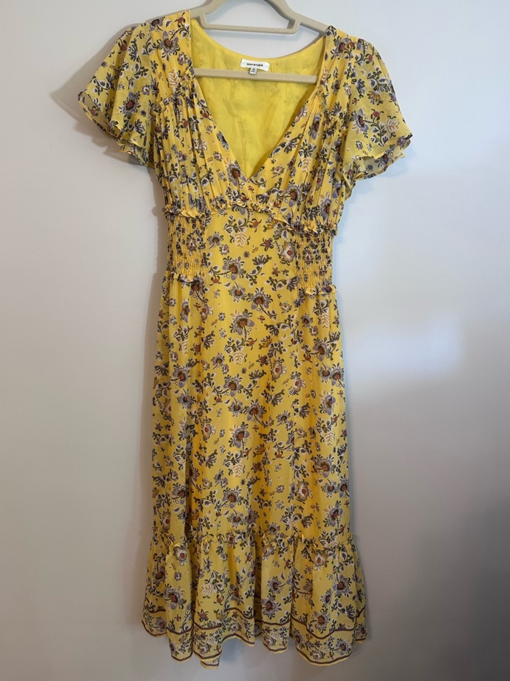 Max Studio Womens Yellow Floral V-Neck Smocked Midi Dress with Ruffle Hem Size S